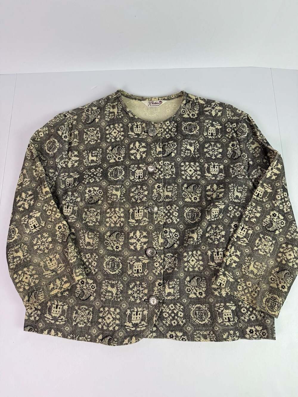 Vintage Robin D Sportswear Corduroy Novelty Patchwork Print Cardigan Jacket
